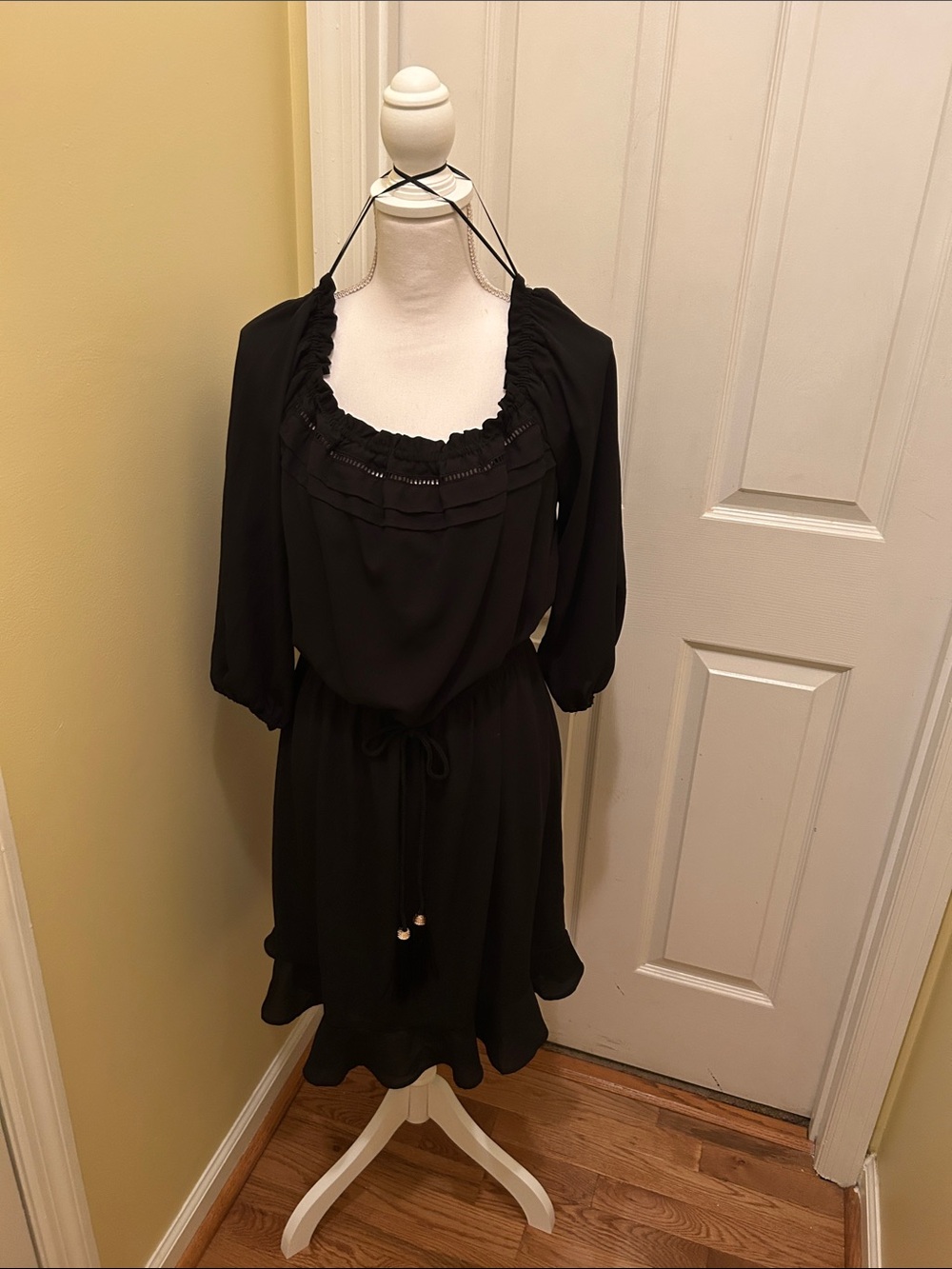 Black Midi Dress with Ruffle Square Neck